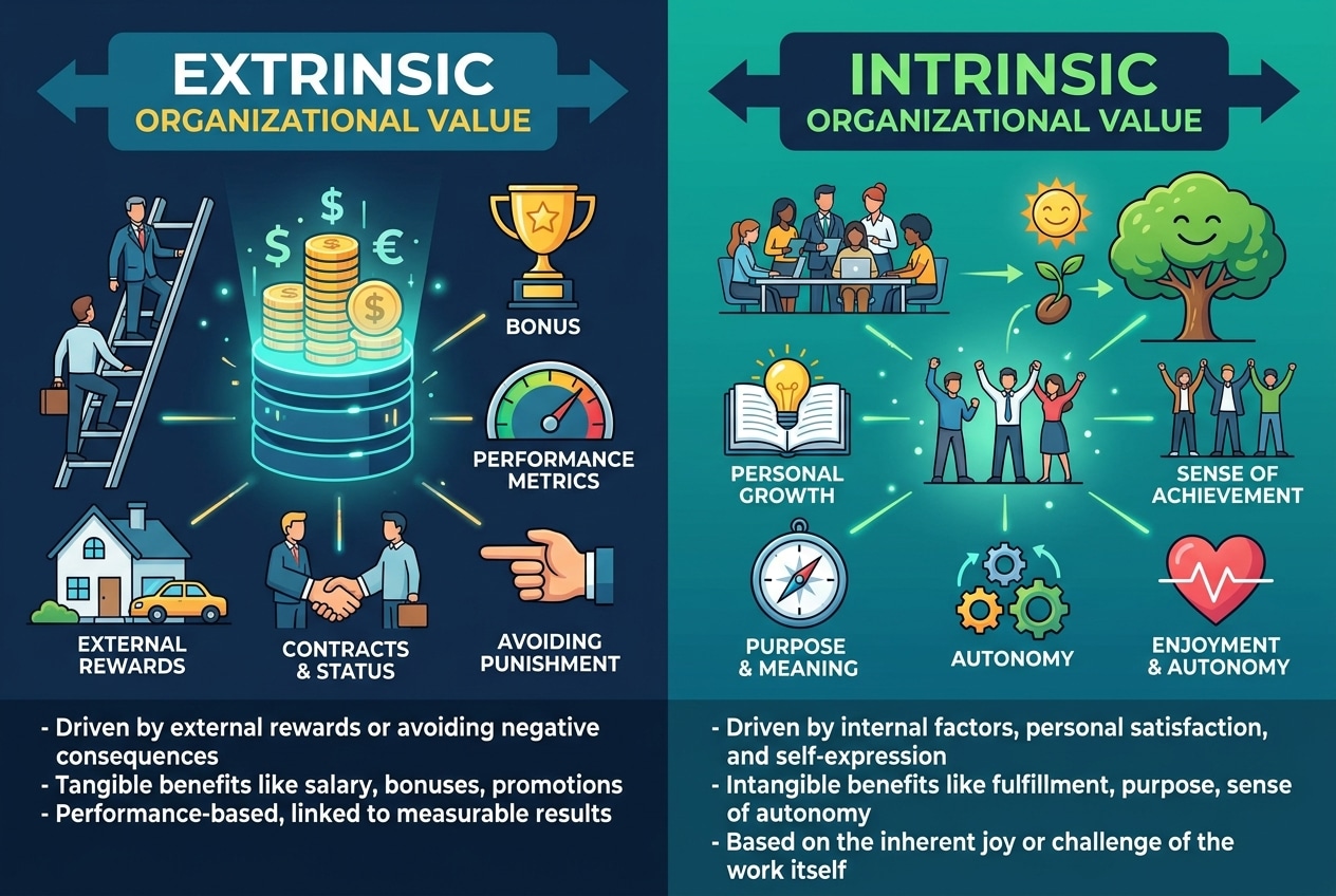 Make a picture regarding extrinsic and intrisic organization - Chief of Staff Plattform Infographic comparing extrinsic versus intrinsic organizational value: left side shows money, rewards, contracts, and rewards/punishment icons; right side shows team growth, autonomy, purpose, and wellbeing with related icons.