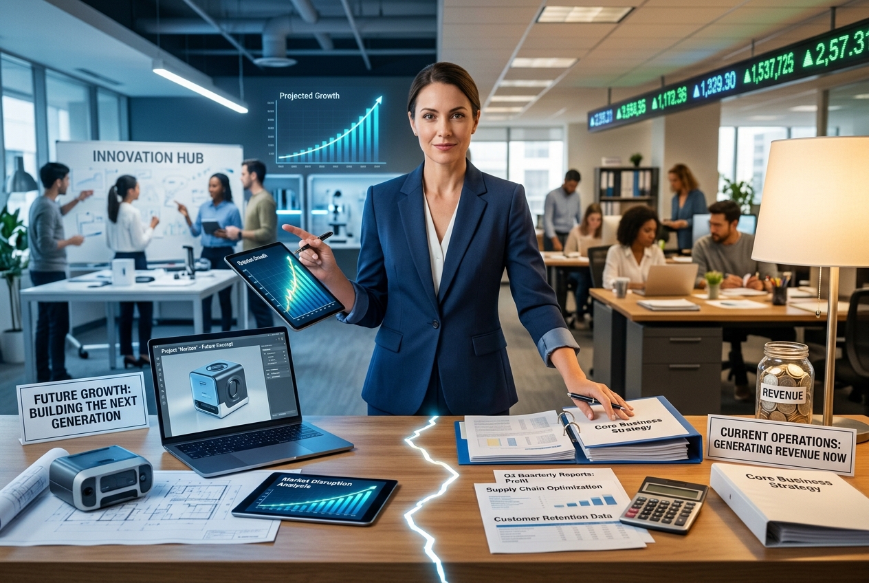This image should make a representation of the need of ambid - Chief of Staff Plattform Businesswoman in a blue blazer presents data at a busy open-office desk, with a rising graph on a tablet and charts on a laptop screen behind her.