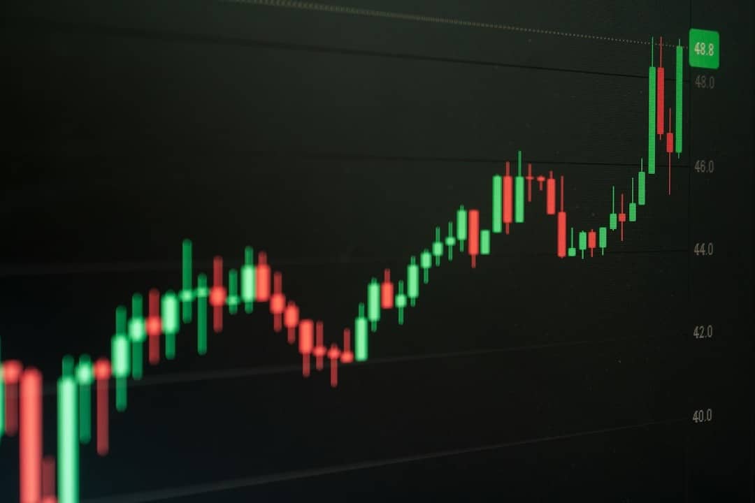 image - Chief of Staff Plattform Candlestick chart showing rising stock prices with green up candles and red down candles on a dark background.