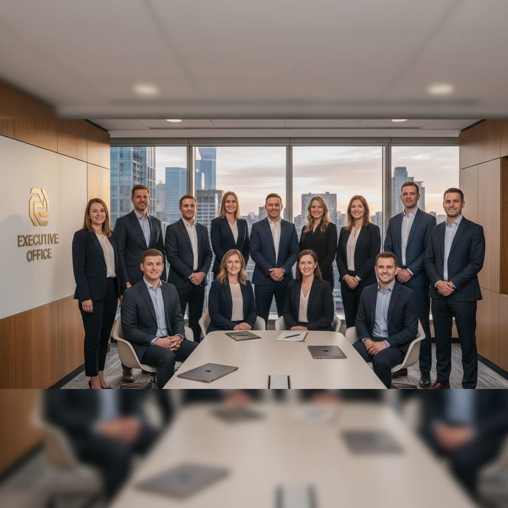 En grupp professionellt klädda affärsmänniskor poserar i ett modernt konferensrum med utsikt över en stadssiluett.
