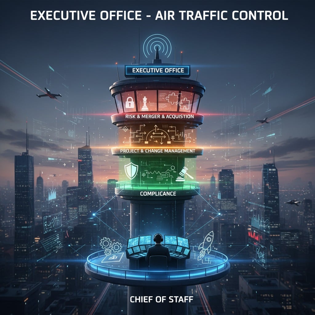 Executive office - ATC - Chief of Staff Plattform En futuristisk kontrolltornssymbolik illustrerar olika affärsfunktioner som riskhantering, projektledning och efterlevnad med en operatör vid kontrollpanelen över en stadssiluett.