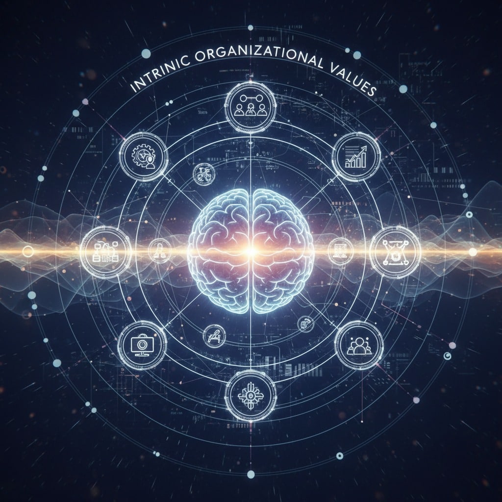 En digital illustration av en lysande mänsklig hjärna omgiven av cirkulära ikoner som representerar organisatoriska värderingar mot en mörk teknisk bakgrund.