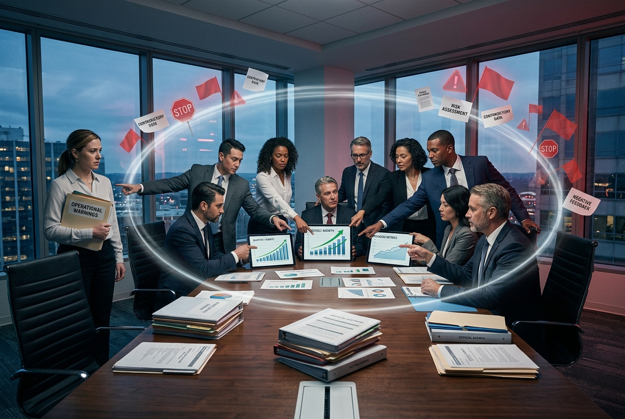 A modern executive leadership team seated around a large cor - Chief of Staff Plattform Group of professionals around a conference table reviewing charts on tablets during a boardroom meeting at sunset-lit windows.