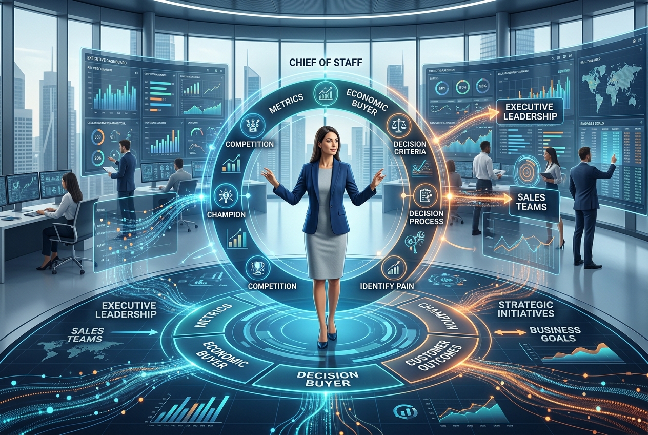 A modern executive strategy visualization showing a Chief of - Chief of Staff Plattform A professional woman stands at the center of a neon circular data hub showing metrics, decision criteria, and strategic processes for leadership and teams.