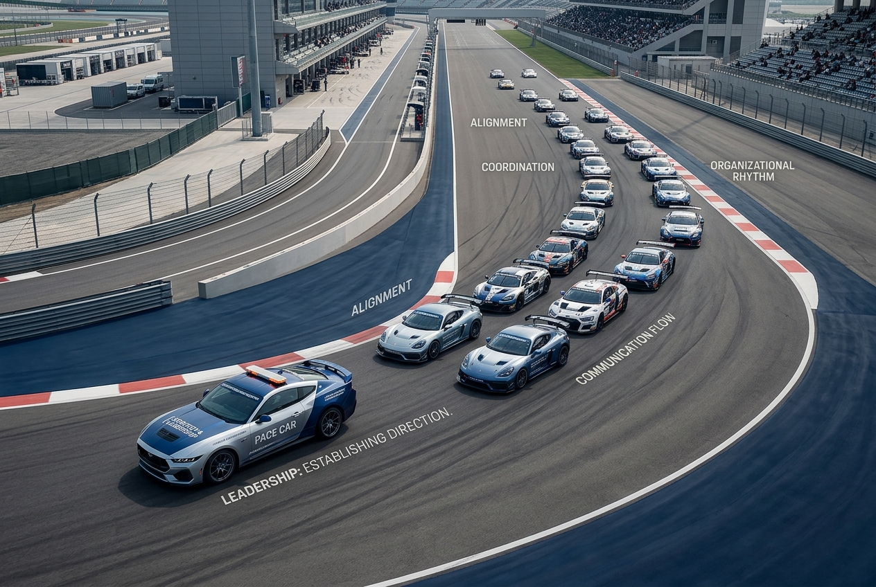 A photorealistic executive leadership metaphor a modern pac - Chief of Staff Plattform Lead car labeled ‘PACE CAR’ leads a line of race cars on a curved track, illustrating leadership and direction.