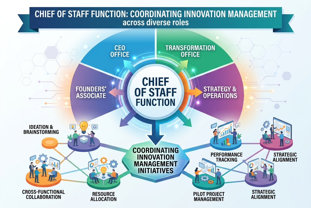 Add a picture that will show Chief of Staff as either a role - Chief of Staff Plattform Infographic showing Chief of Staff function at center with surrounding offices and initiatives for coordinating innovation management and strategy.