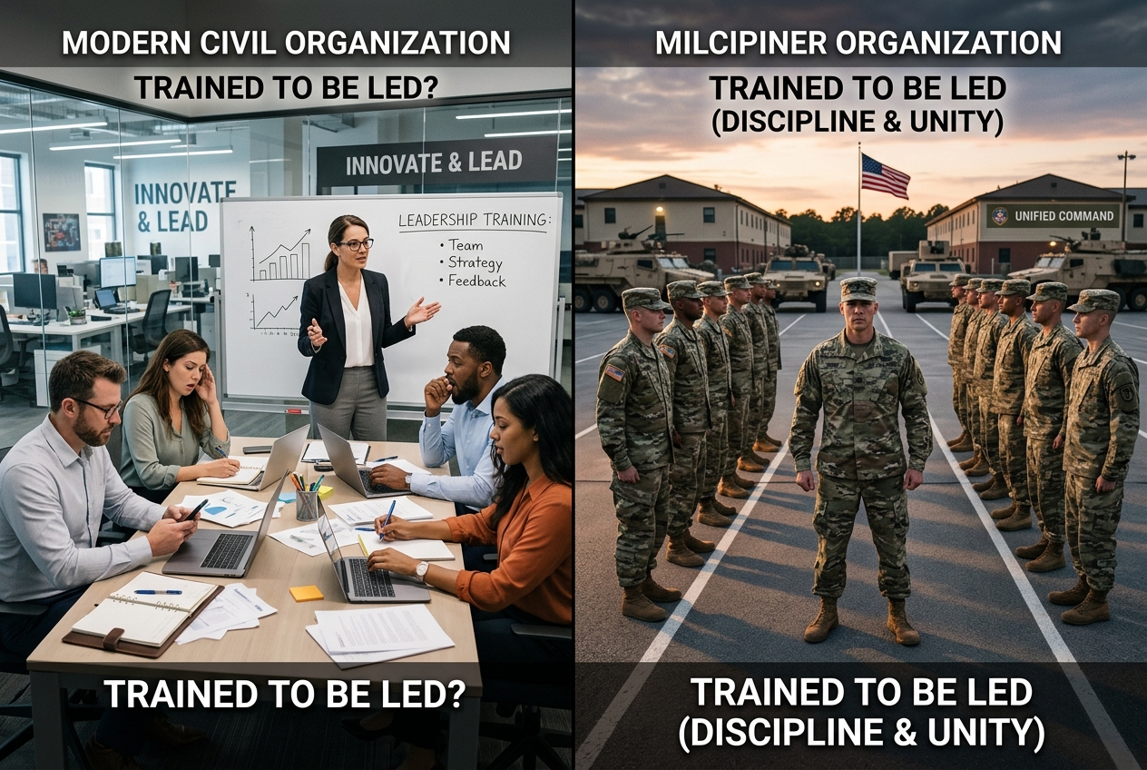 Create a picture about leadership Leadership is to lead bu - Chief of Staff Plattform Juxtaposed scene: left side a diverse office team in a leadership training session; right side uniformed soldiers lined up outdoors, showing differing training contexts and phrases about being led/disciplined.