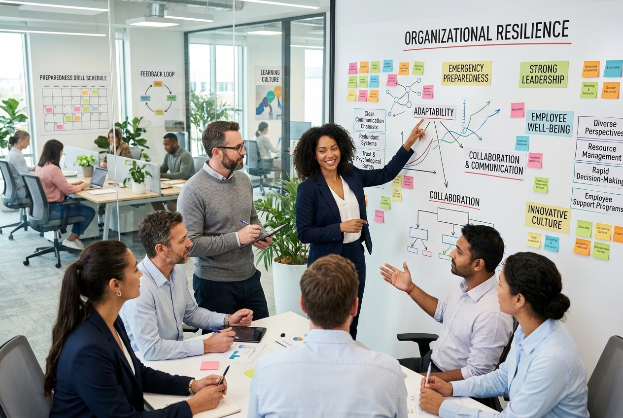 Create a picture that describes recilience in organization - Chief of Staff Plattform Team meeting in a glass-walled office as a woman presents a large diagram on the wall about organizational resilience to colleagues at a round table.