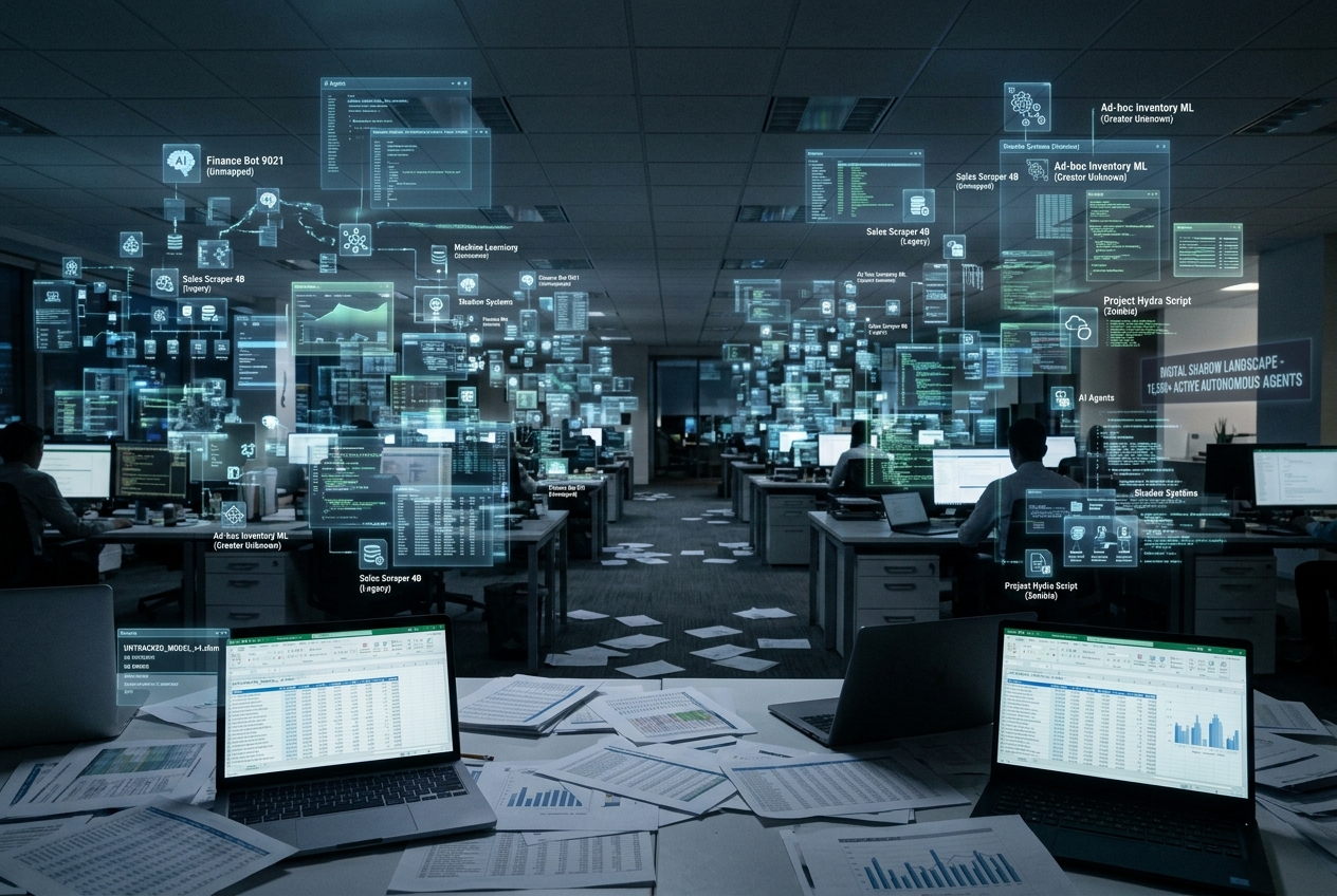 Open-plan office with desks and laptops; translucent floating data dashboards fill the air above the workspace.
