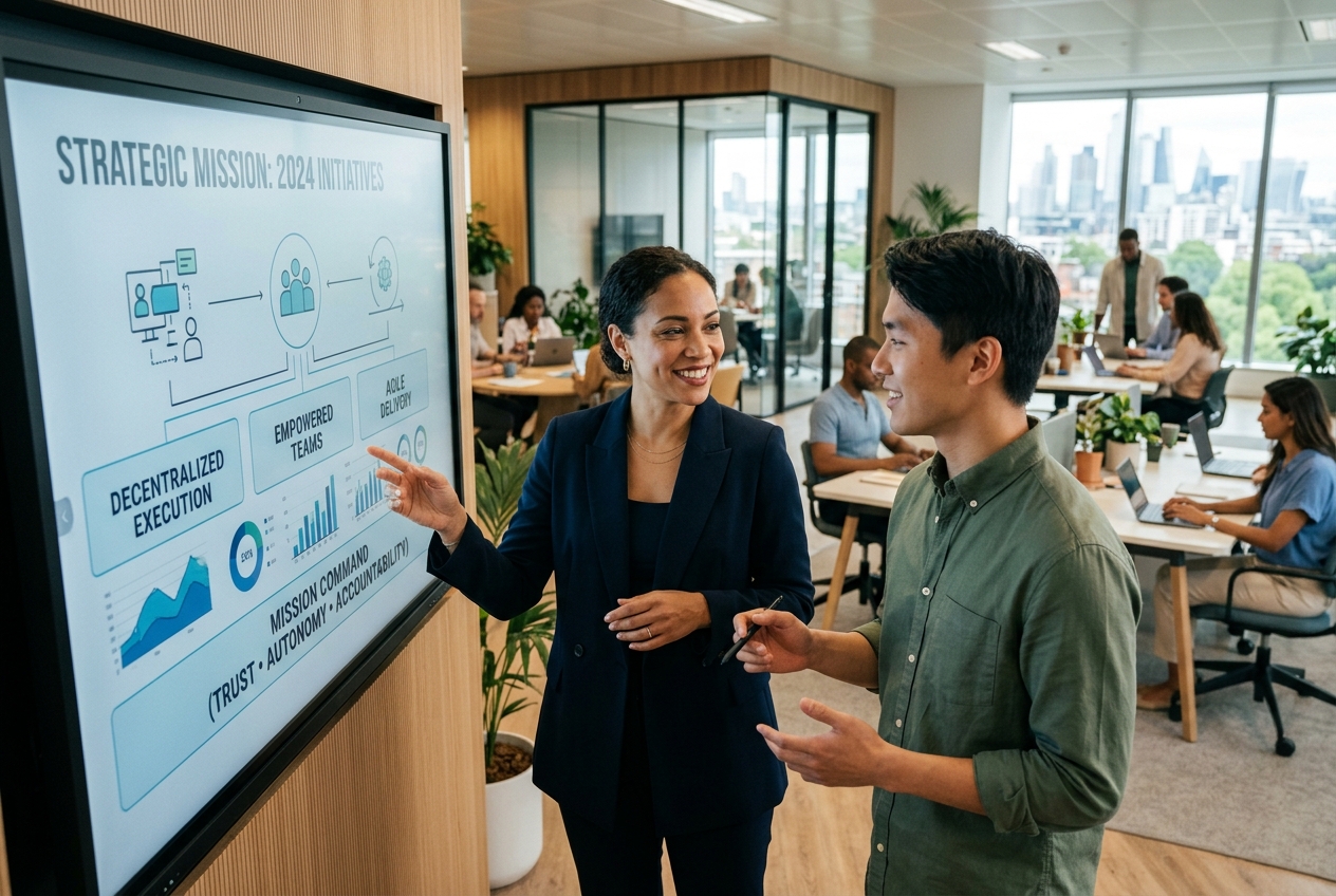 Modern leadership and mission command as a competitive advan - Chief of Staff Plattform Woman in a blazer and a man discuss a large touchscreen board displaying strategic plans in a bright, modern office.