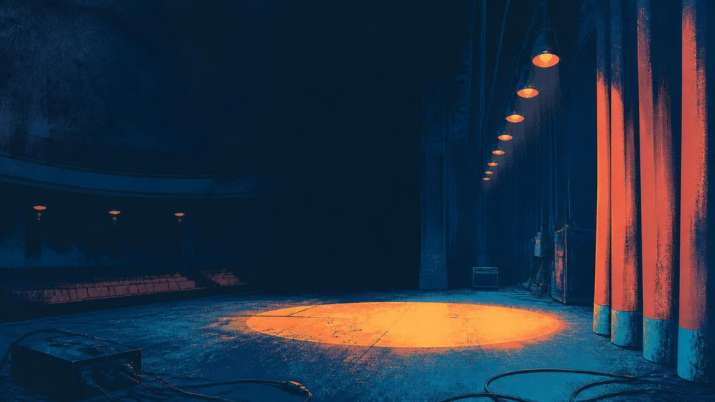 Empty theater stage bathed in cool blue light, with a warm orange spotlight on the floor and orange-lit vertical columns to the right