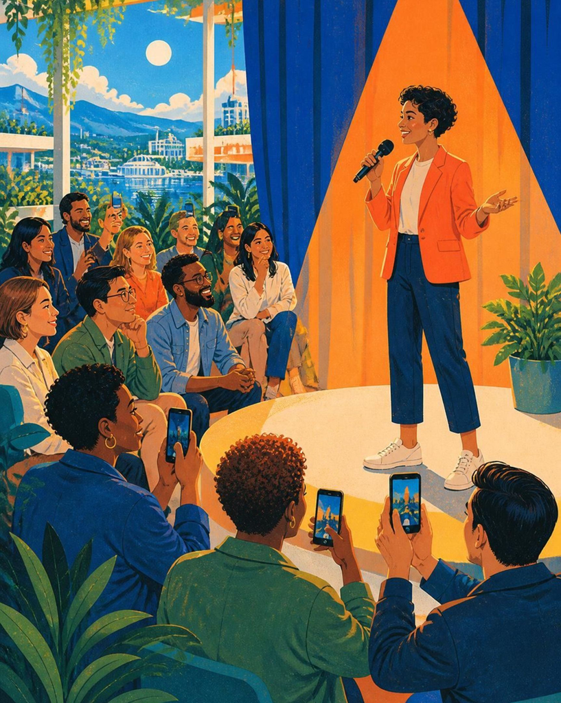 Female speaker on a stage with an orange backdrop, holding a microphone as the audience watches and records with smartphones.