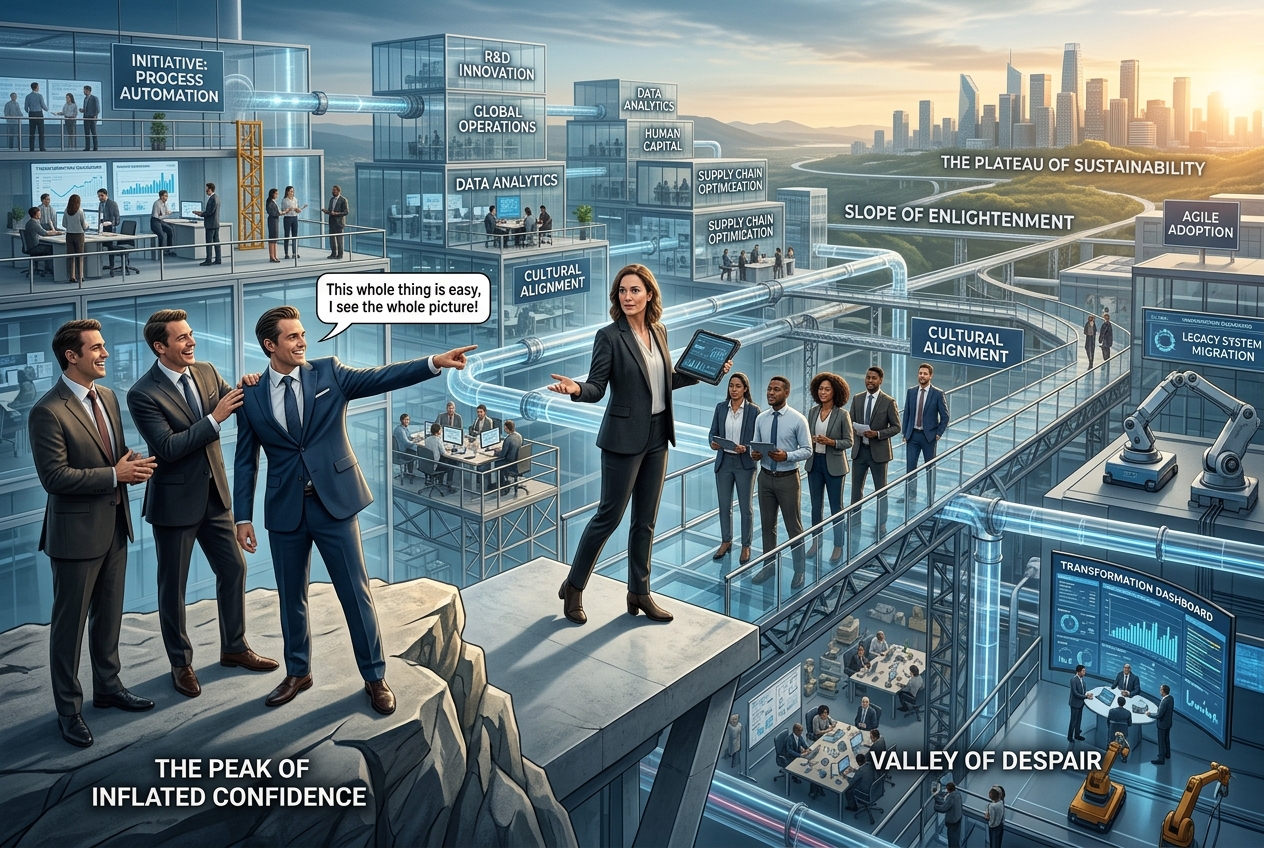 A cinematic ultra-detailed business transformation scene il - Chief of Staff Plattform Executive team on a cliff labeled 'The Peak of Inflated Confidence' points toward a futuristic, labeled corporate campus below. Accessibly conveys the scene's meaning.