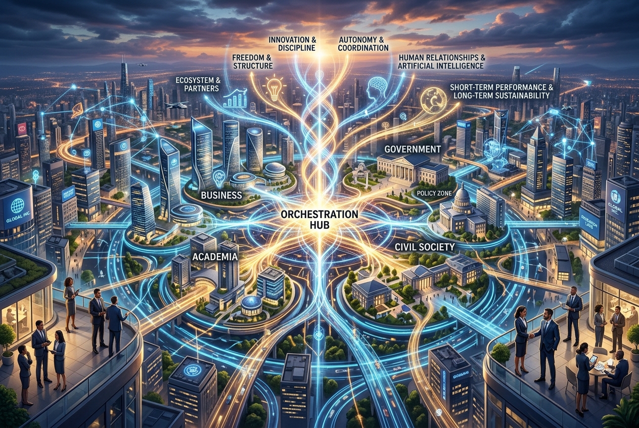 Futuristic city diagram centered on an ‘Orchestration Hub’ with glowing network lines linking government, business, academia, and civil society nearby.