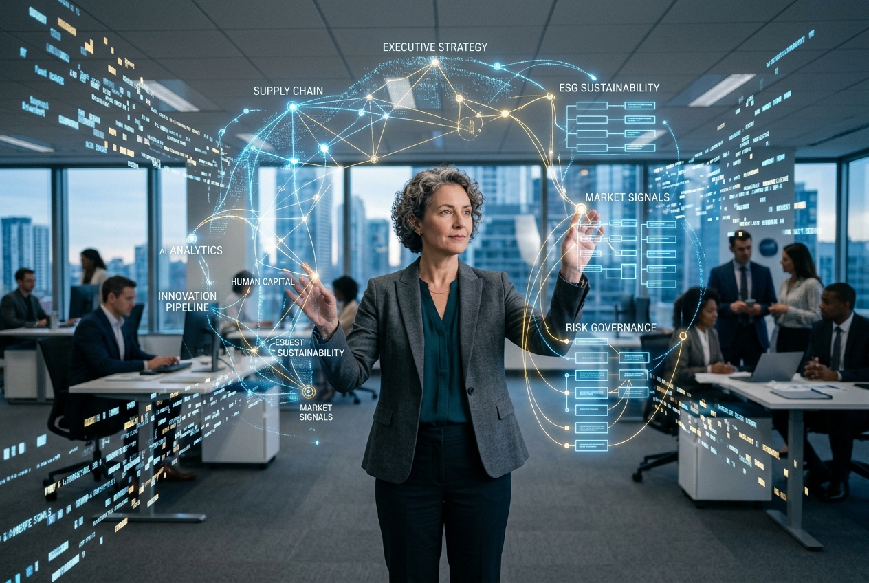 Businesswoman in a gray suit interacts with holographic charts labeled AI ANALYTICS, SUPPLY CHAIN, RISK GOVERNANCE, and more, in a modern office.