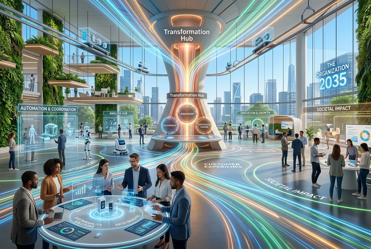 A futuristic innovation center with a central Transformation Hub, neon light streams, and teams collaborating around holographic displays.